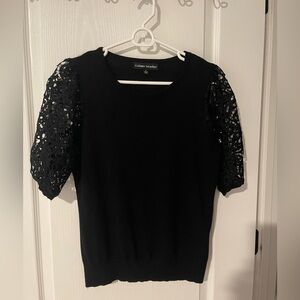 Black lightweight knit top with lace short sleeves.